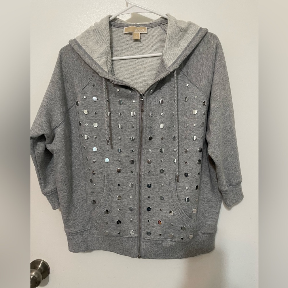 Michael Kors 1/2 Sleeve Gray full Zip fleece hoodie w silver mirror accents SM